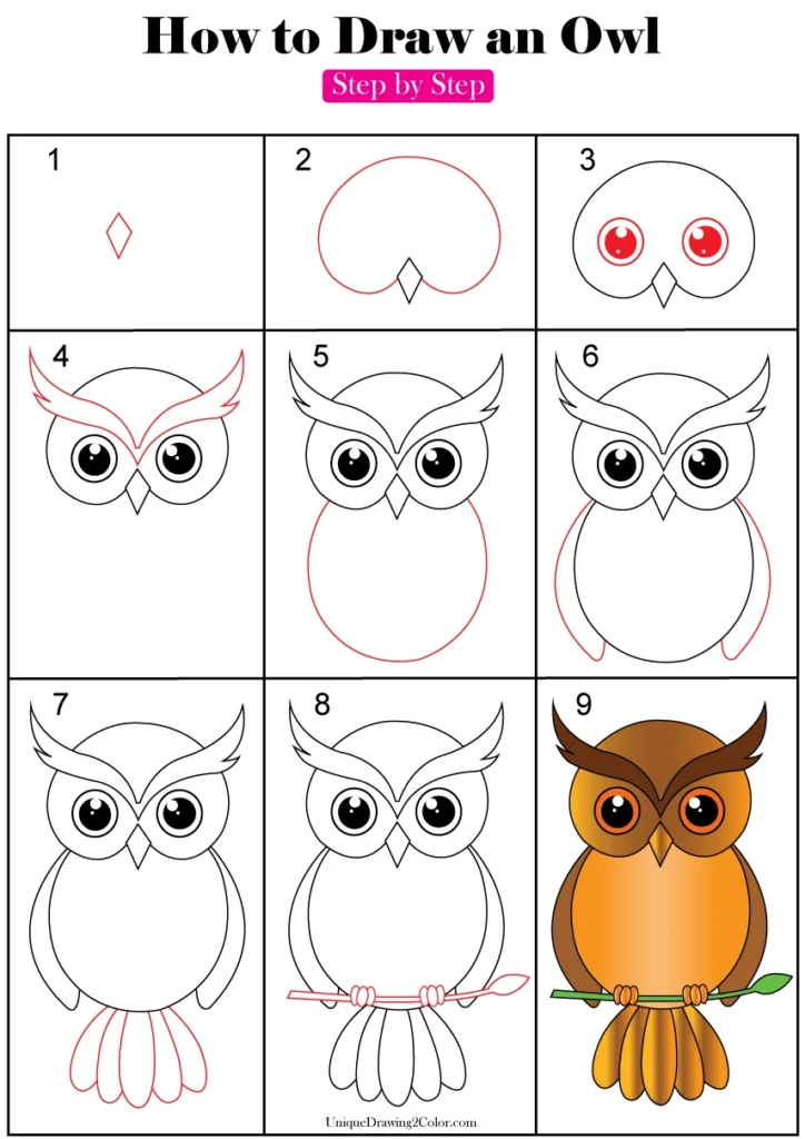 how to draw a owl step by step for kids