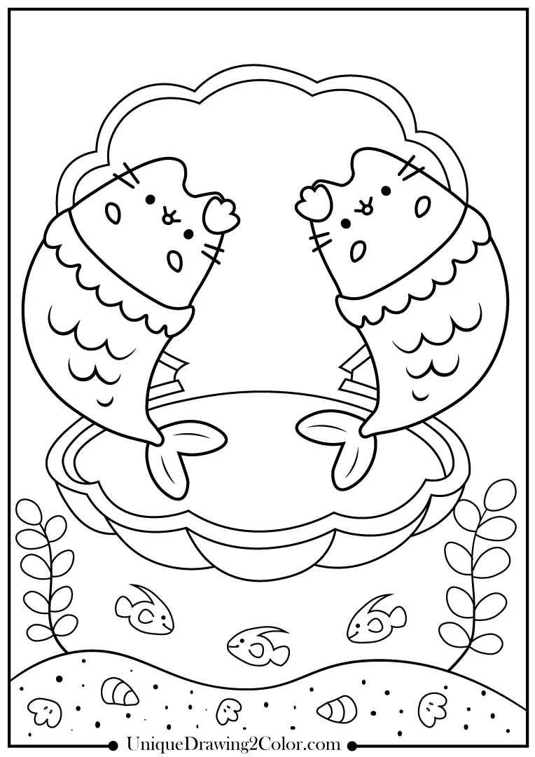 A Coloring Page of Two Mermaid Pusheen in a Seashell