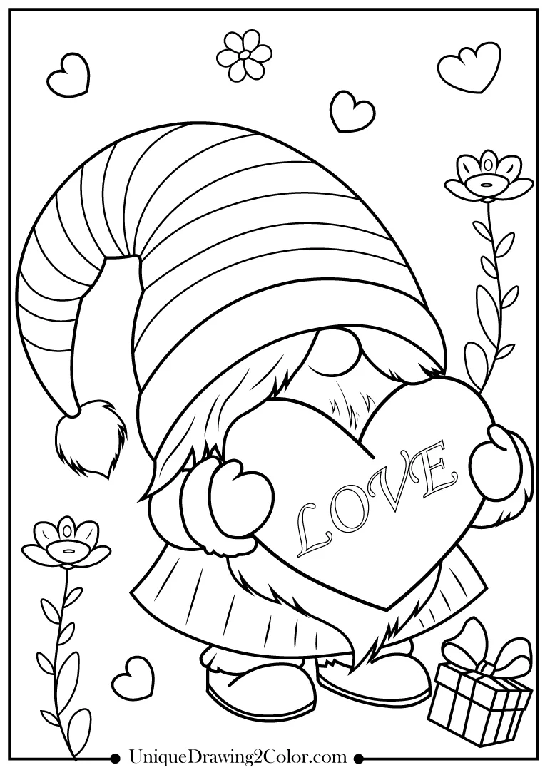 Gnome Valentine's Coloring Sheets, Art Pages