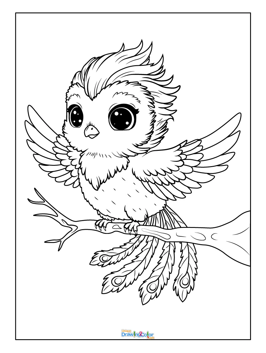 Cute baby Phoenix Coloring Page with Big Eyes and Fluffy Feathers