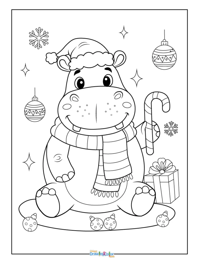 Christmas-themed Hippo Coloring Page