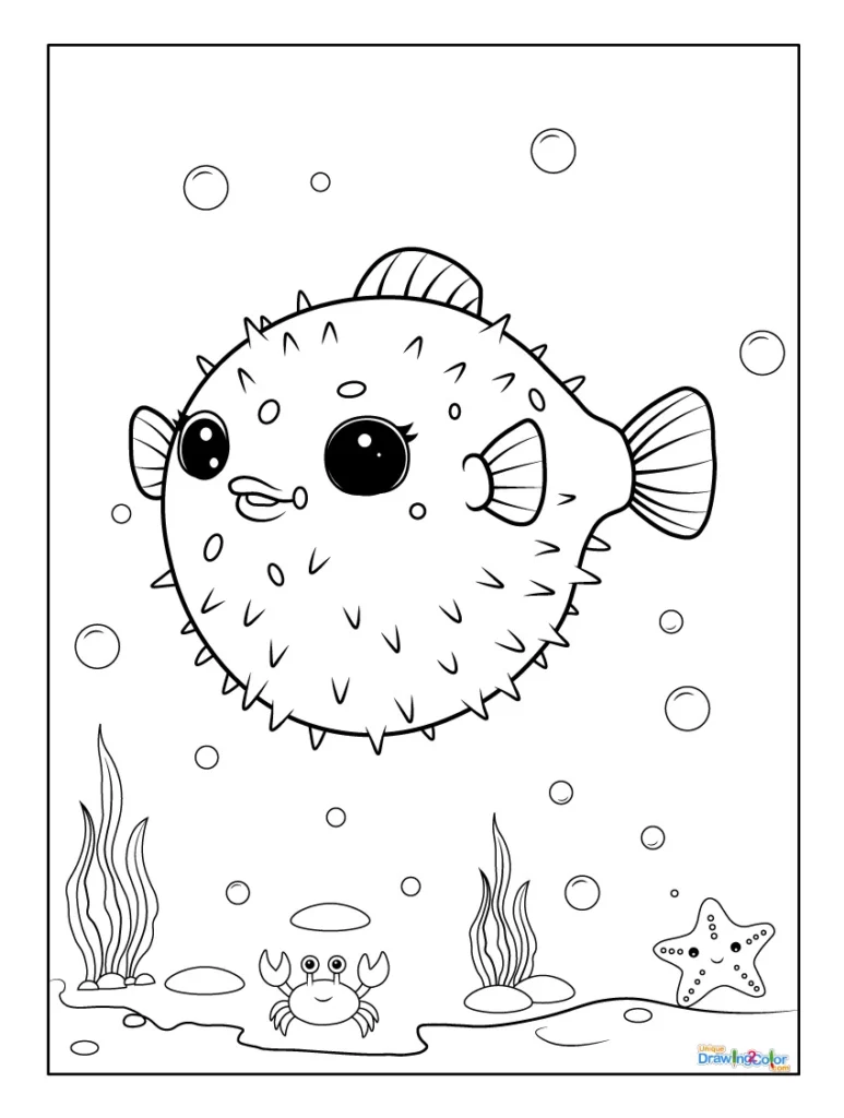 Cute Pufferfish Coloring Page with Seaweed and Crab Background