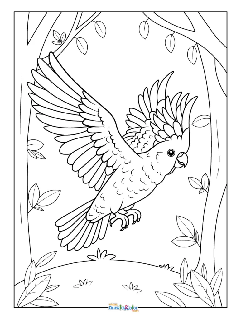 Flying Cockatoo in Forest Coloring Page
