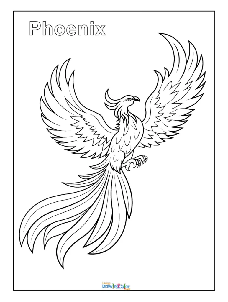 Phoenix Coloring Page with Majestic Wings Spread and Fiery Tail Feathers