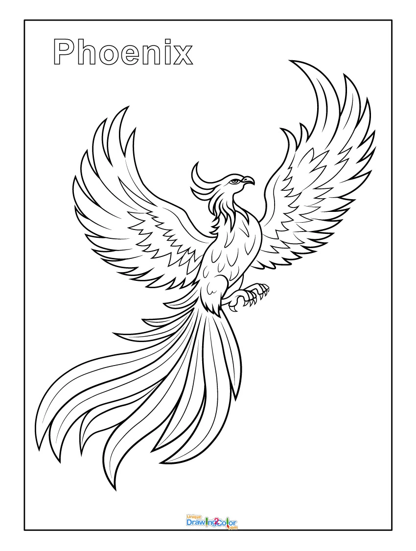 Phoenix Coloring Page with Majestic Wings Spread and Fiery Tail Feathers