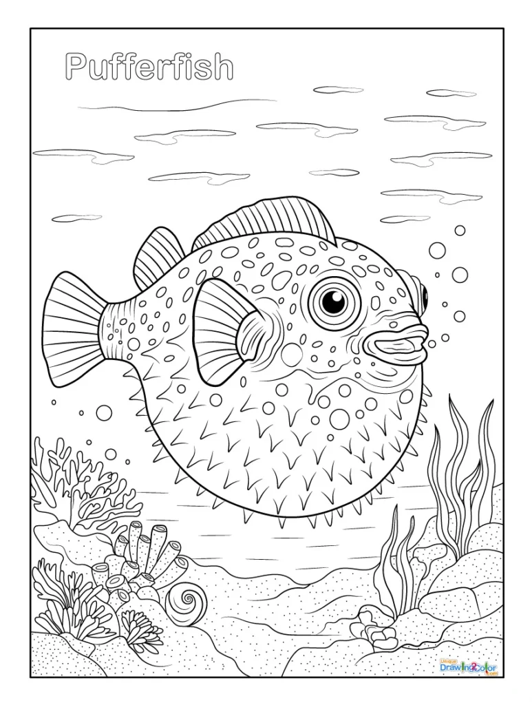 Printable Pufferfish Coloring Page with Underwater Coral Scene