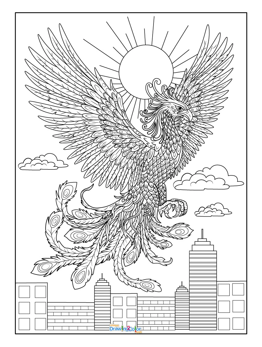 Realistic Phoenix Rising from Cityscape Background with Flames and Sun Behind