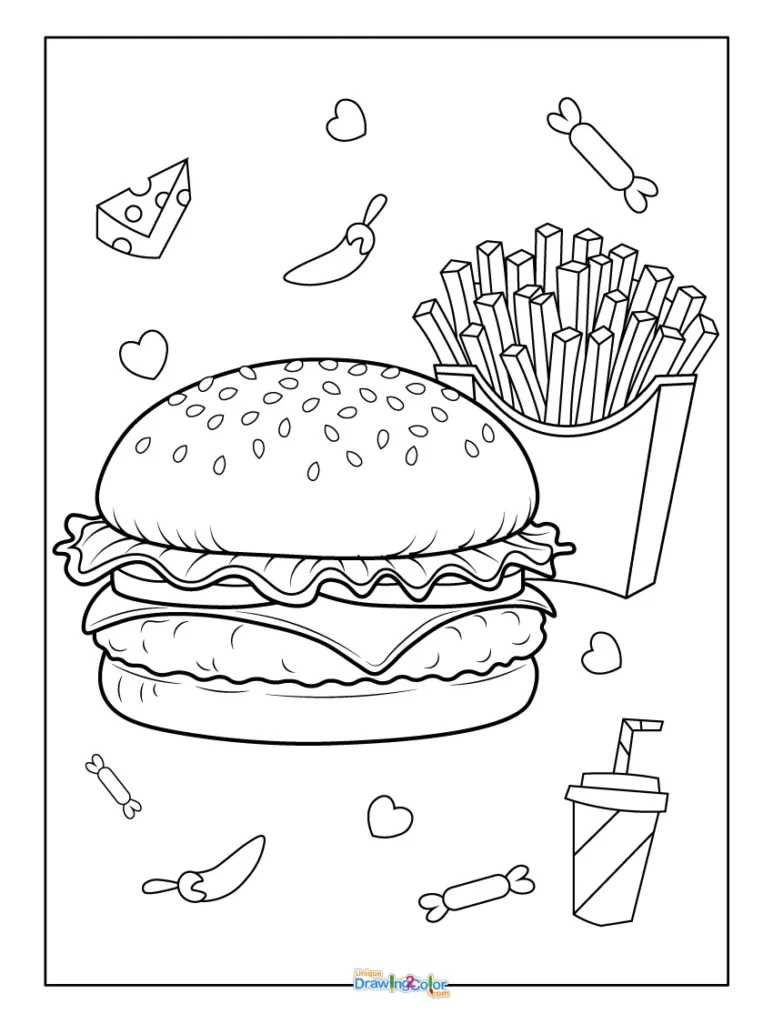 Burger and Fries with Soda Cup and Snacks Coloring Page