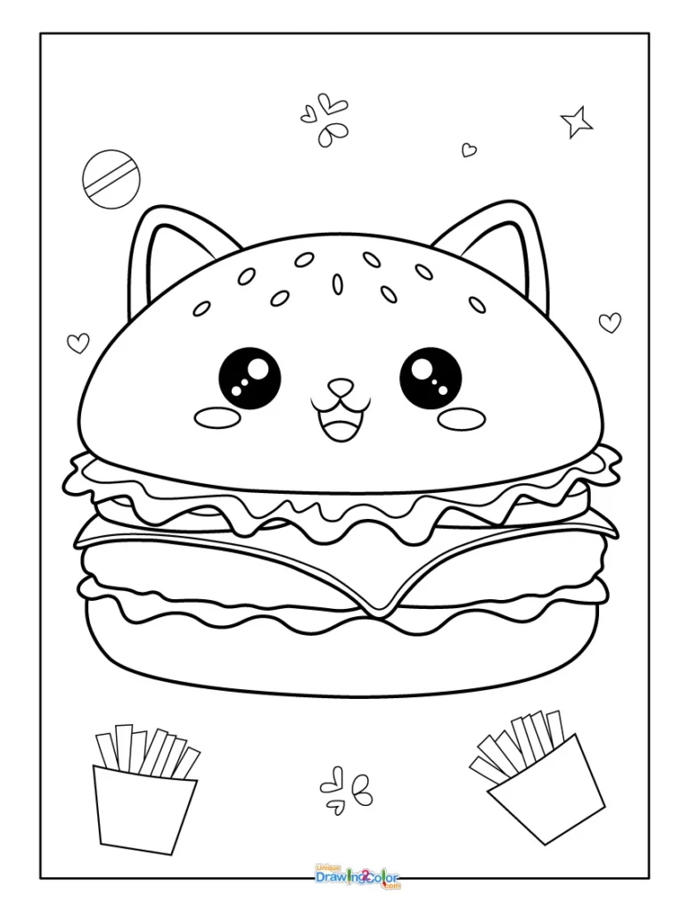 Cute Kawaii Cat Face Burger Coloring Page