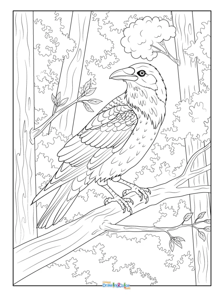 Detailed Raven Coloring Page with Forest Background