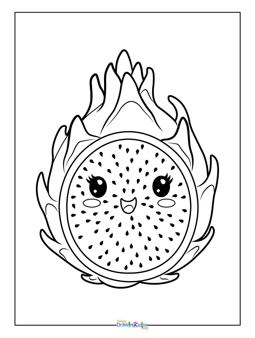 Cute Kawaii Style Dragon Fruit Coloring Page